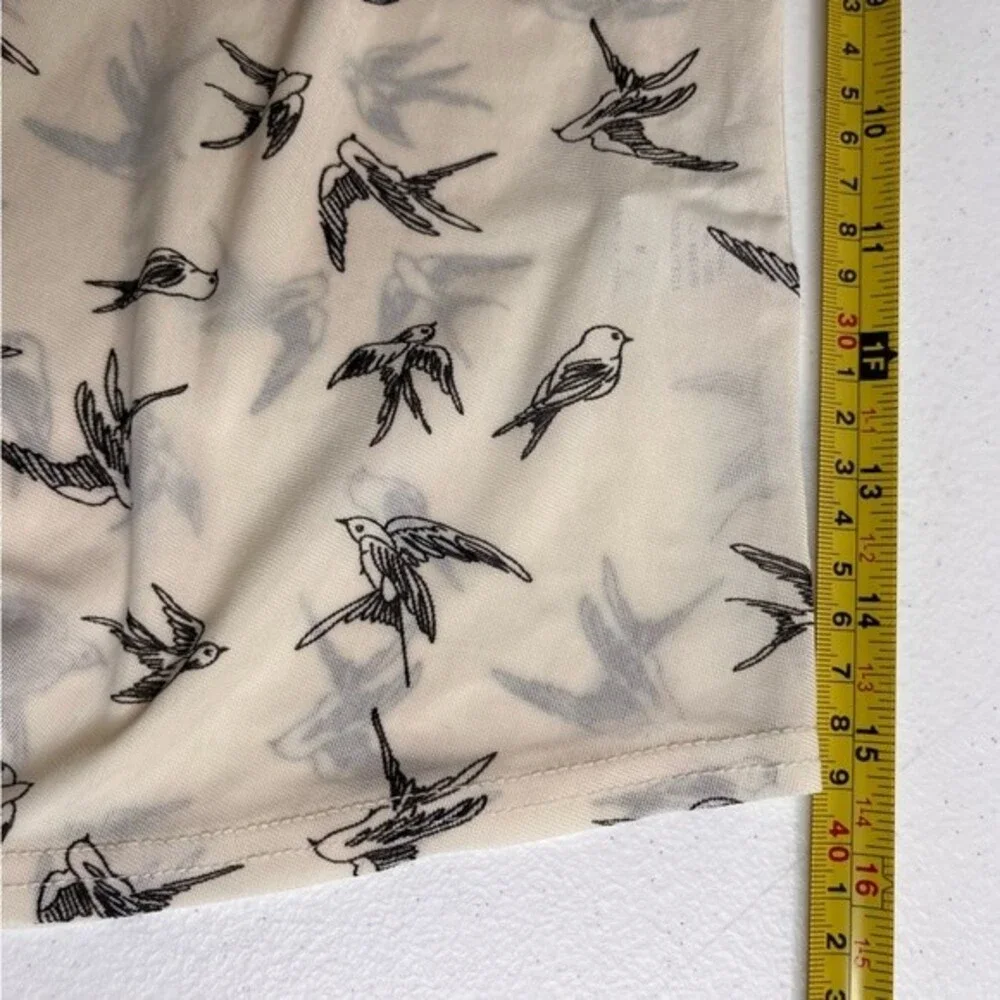 Siren Lily Bird Print Tie Neck Button Front Semi Sheer Cream Top Women Medium - Picture 11 of 13